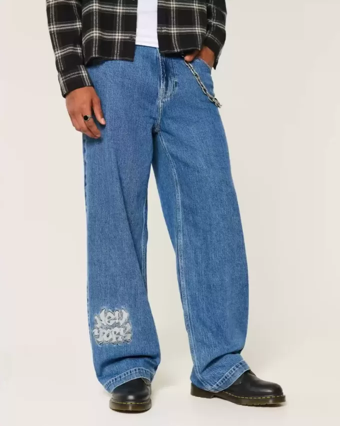 Super Baggy-Jeans mit NYC-Grafik in mittlerer Waschung