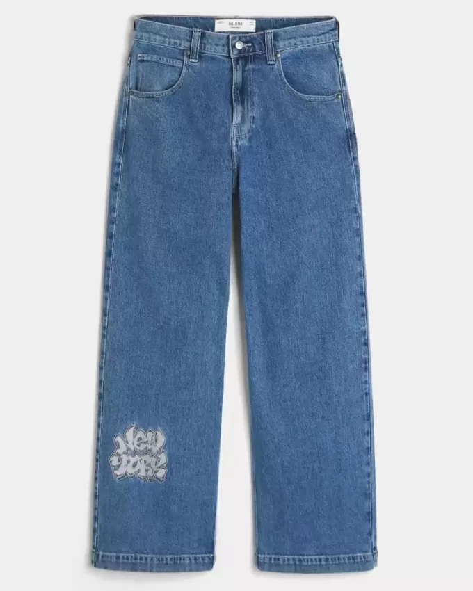 Super Baggy-Jeans mit NYC-Grafik in mittlerer Waschung