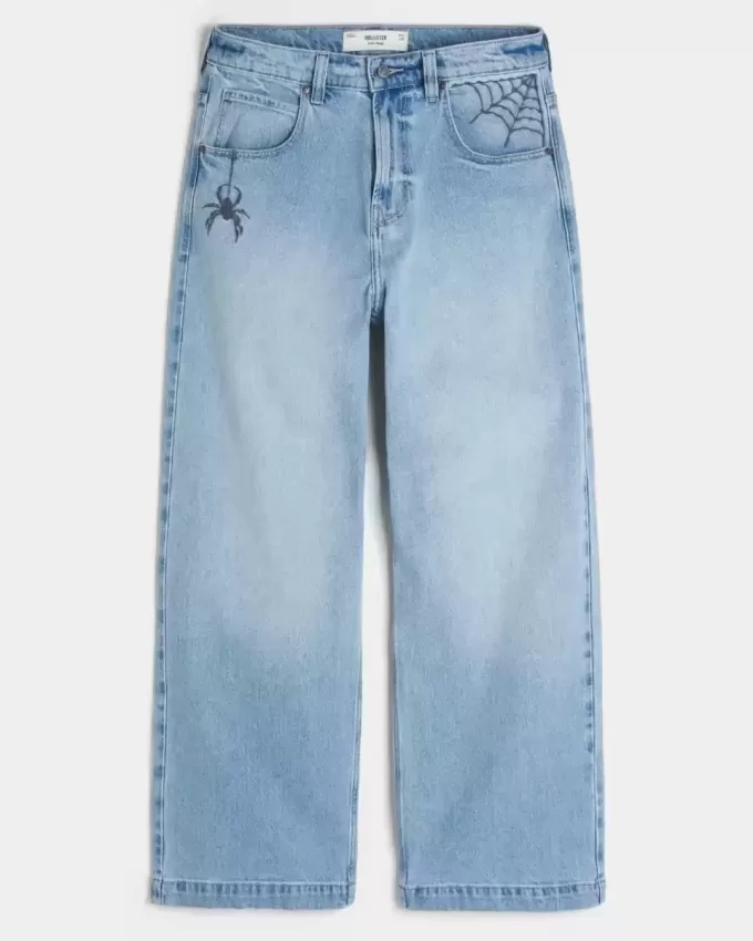 Super Baggy-Jeans mit Spider-Grafik in heller Waschung