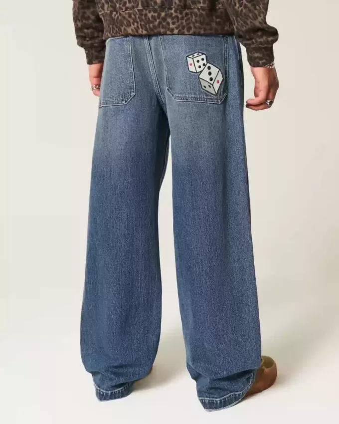 Super Baggy-Jeans mit Würfel-Grafik in dunkler Waschung