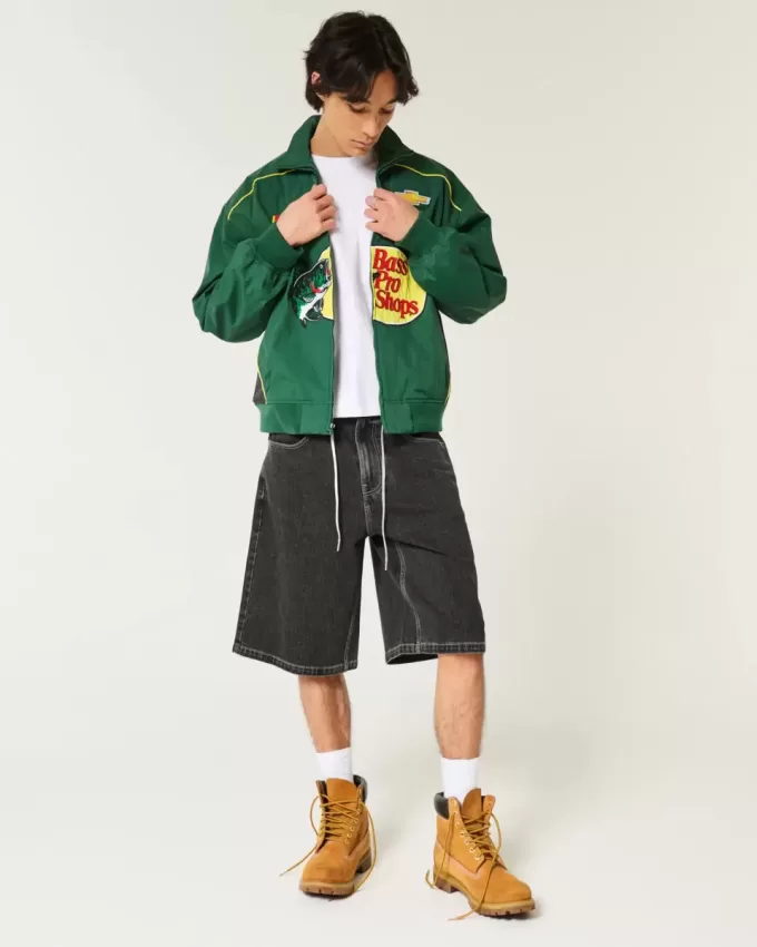 Super Baggy-Jeansshorts mit verwaschenem schwarzen Katzen-Print