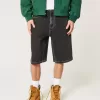 Super Baggy-Jeansshorts mit verwaschenem schwarzen Katzen-Print