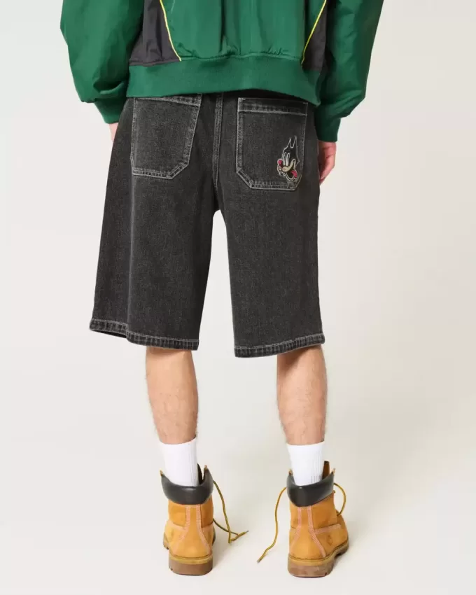 Super Baggy-Jeansshorts mit verwaschenem schwarzen Katzen-Print