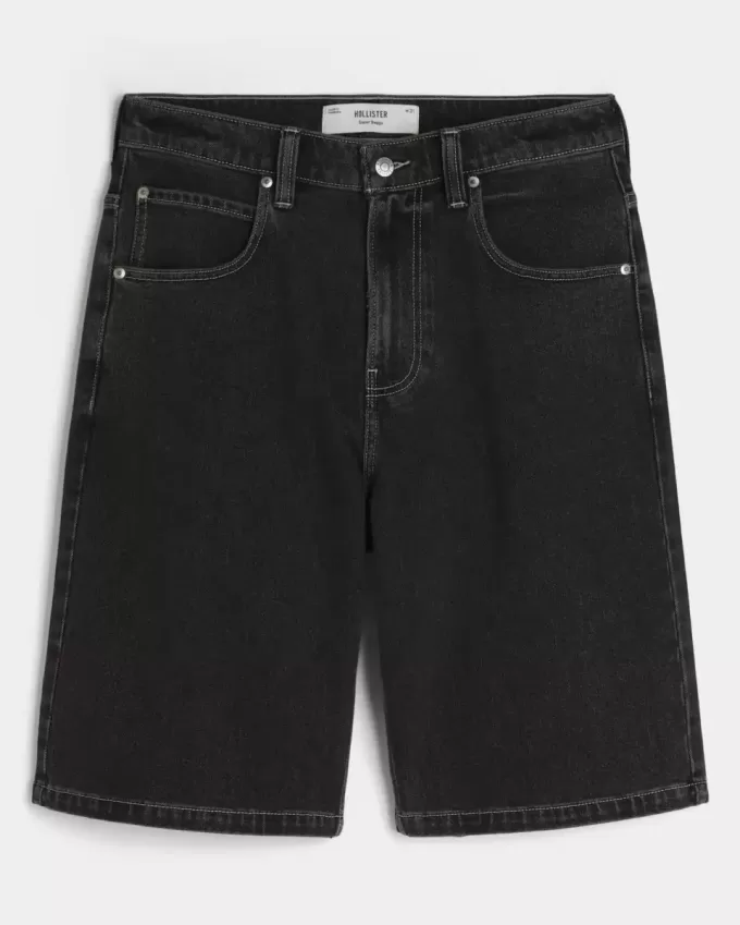 Super Baggy-Jeansshorts mit verwaschenem schwarzen Katzen-Print