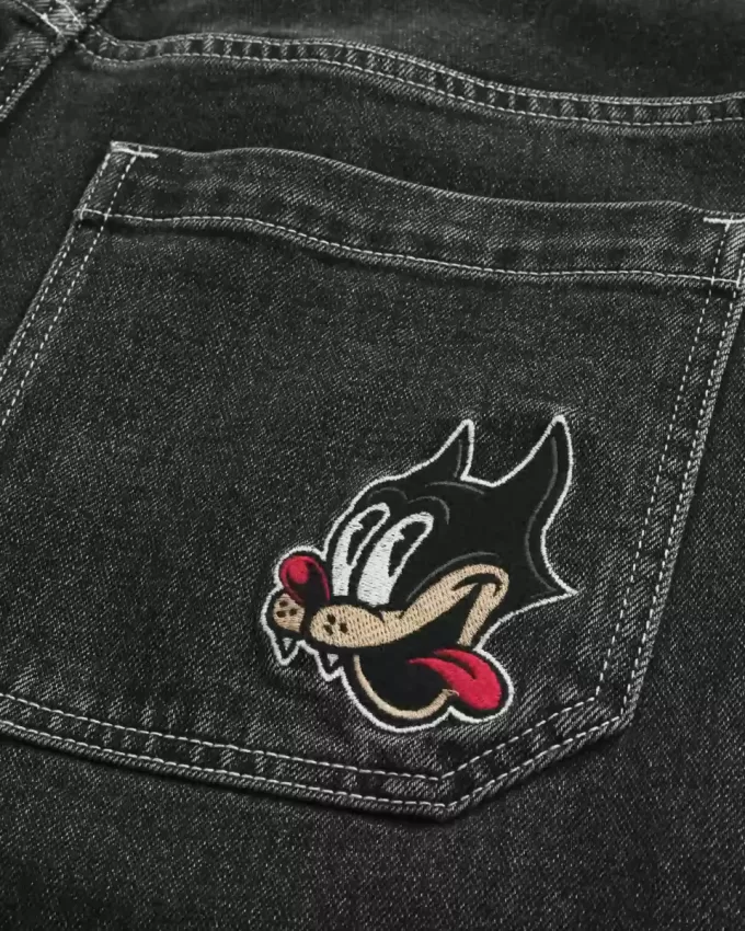 Super Baggy-Jeansshorts mit verwaschenem schwarzen Katzen-Print