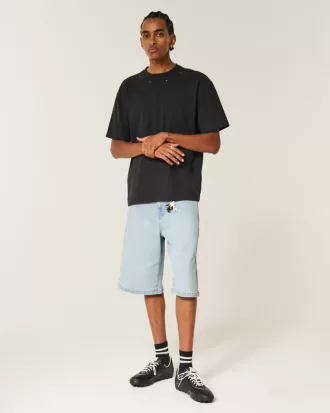 Super Baggy-Jeansshorts mit Verzierung in heller Waschung