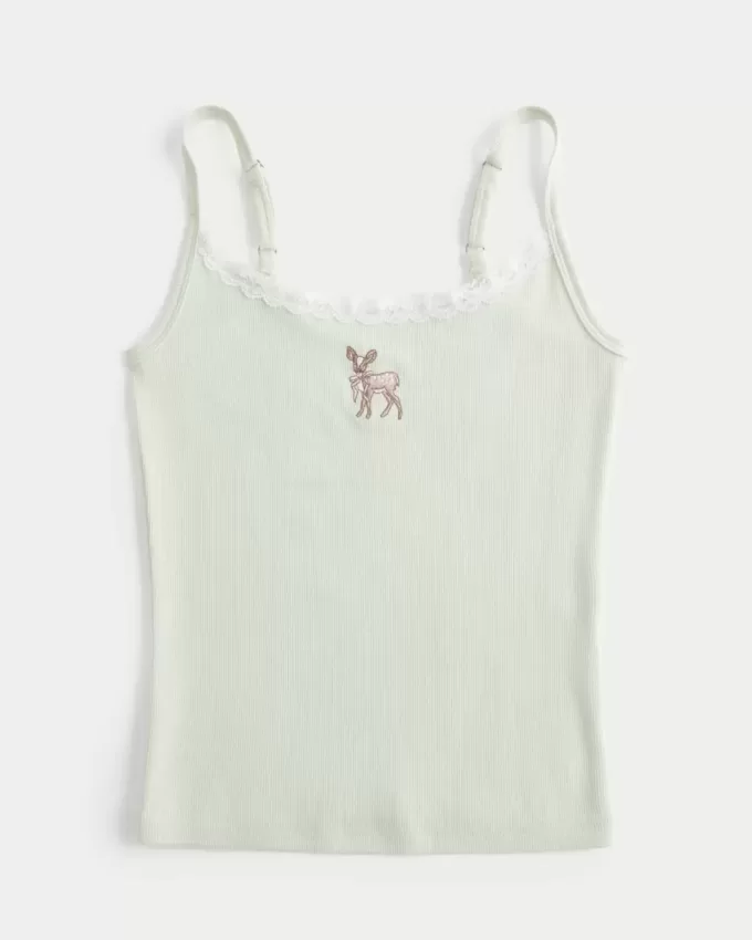 Tanktop mit Spitzenbesatz und Hirsch-Grafik