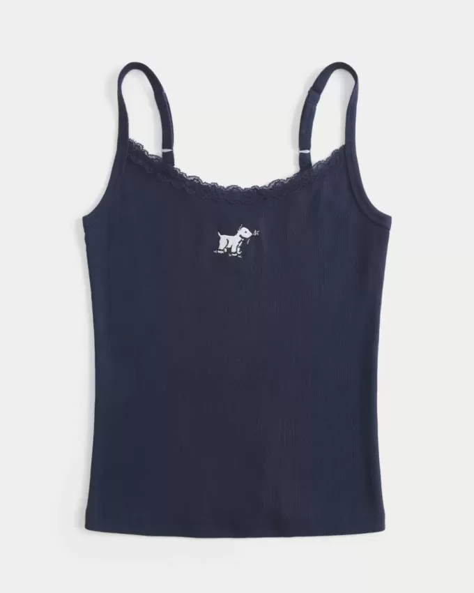 Tanktop mit Spitzenbesatz und Hundegrafik Tanktop mit Spitzenbesatz und Hundegrafik