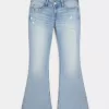 Ultra Low-Rise Distressed Light Wash Flare Jeans mit Pailletten