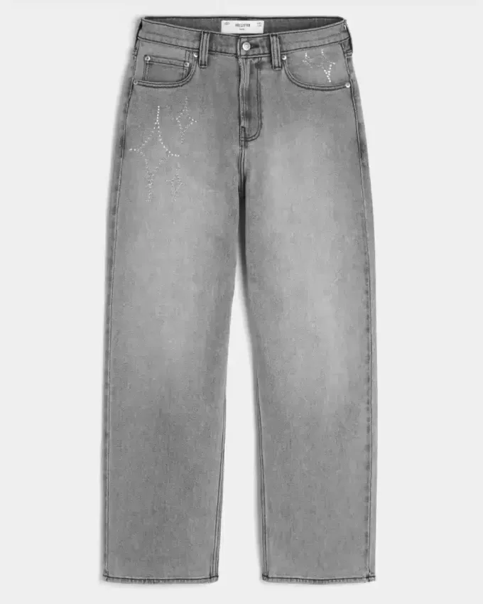 Verwaschene schwarze Baggy-Jeans mit Grafik und Verzierung Verwaschene schwarze Baggy-Jeans mit Grafik und Verzierung