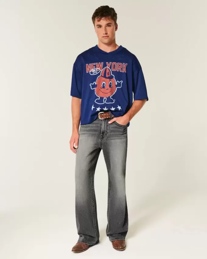 Verwaschene schwarze bestickte Baggy-Bootcut-Jeans