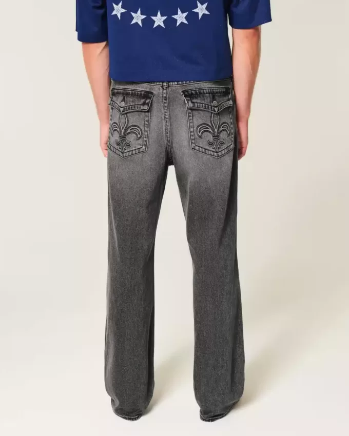 Verwaschene schwarze bestickte Baggy-Bootcut-Jeans