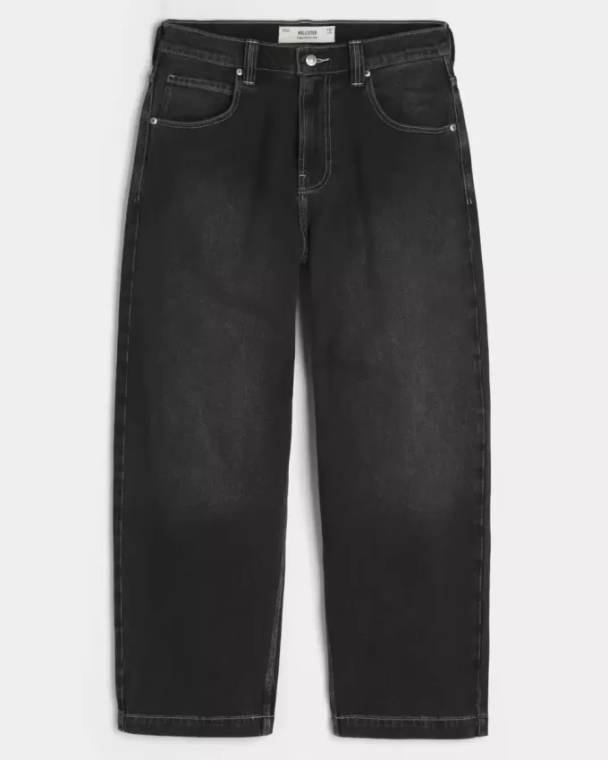 Verwaschene schwarze Skater-Baggy-Jeans mit Schlangenstickerei