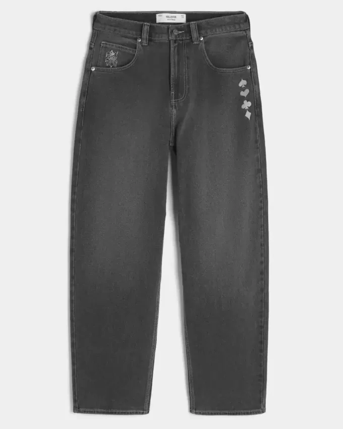 Verwaschene schwarze Skater-Baggy-Jeans mit Spielkarten-Joker-Grafik