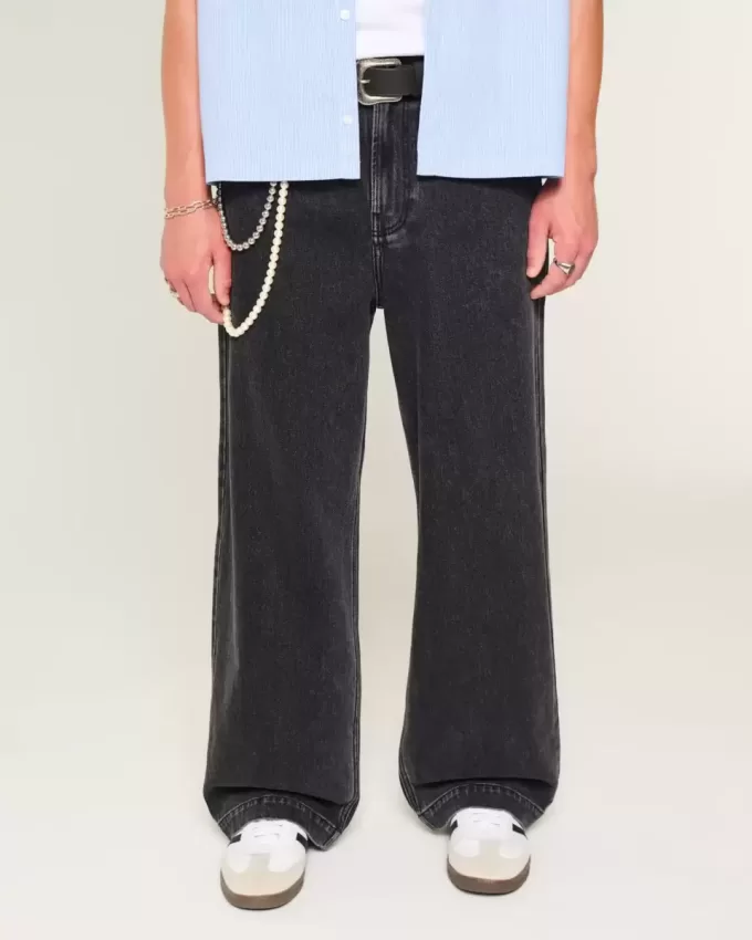 Verwaschene schwarze Super Baggy-Jeans mit Sterngrafik