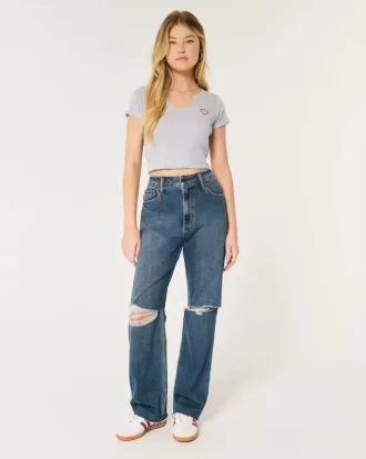 Zerrissene Dad-Jeans mit ultrahohem Bund und dunkler Waschung