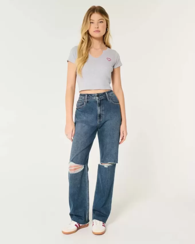 Zerrissene Dad-Jeans mit ultrahohem Bund und dunkler Waschung