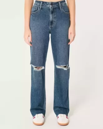 Zerrissene Dad-Jeans mit ultrahohem Bund und dunkler Waschung