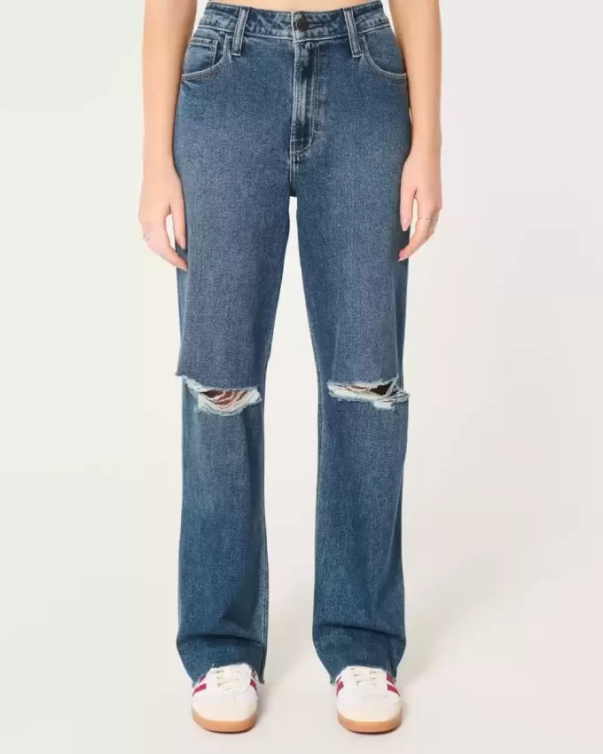 Zerrissene Dad-Jeans mit ultrahohem Bund und dunkler Waschung