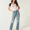 Zerrissene High-Rise Straight Jeans in mittlerer Waschung