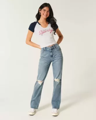 Zerrissene High-Rise Straight Jeans in mittlerer Waschung