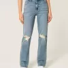 Zerrissene High-Rise Straight Jeans in mittlerer Waschung