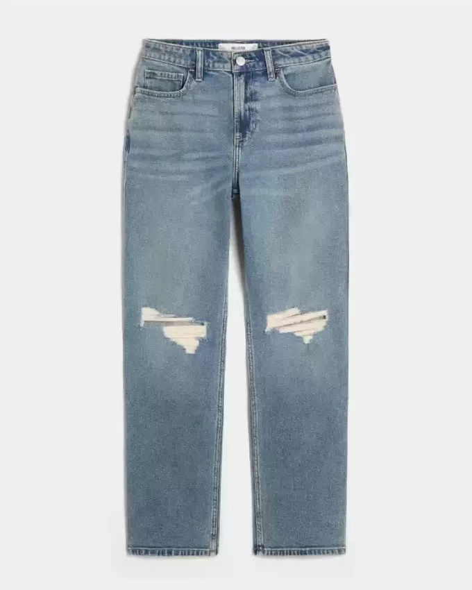 Zerrissene High-Rise Straight Jeans in mittlerer Waschung