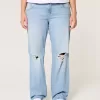 Zerrissene, lockere Straight-Jeans mit niedriger Taille und heller Waschung