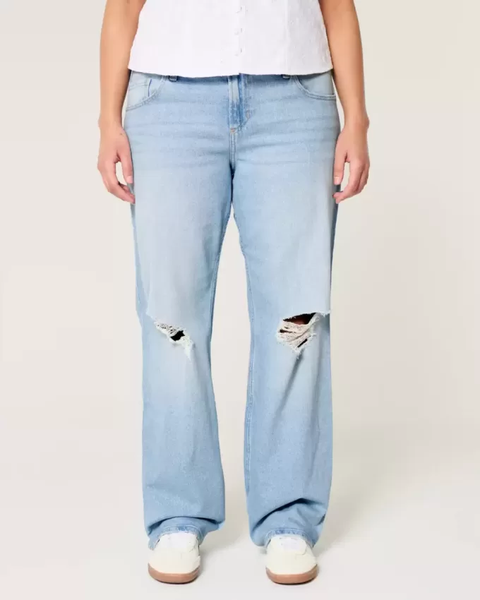 Zerrissene, lockere Straight-Jeans mit niedriger Taille und heller Waschung