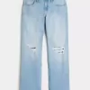 Zerrissene, lockere Straight-Jeans mit niedriger Taille und heller Waschung