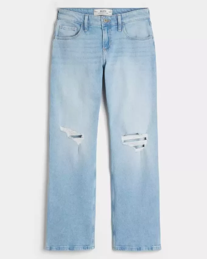 Zerrissene, lockere Straight-Jeans mit niedriger Taille und heller Waschung
