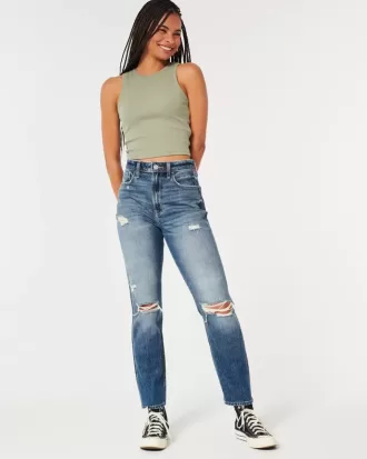 Zerrissene Mom-Jeans mit ultrahohem Bund und mittlerer Waschung