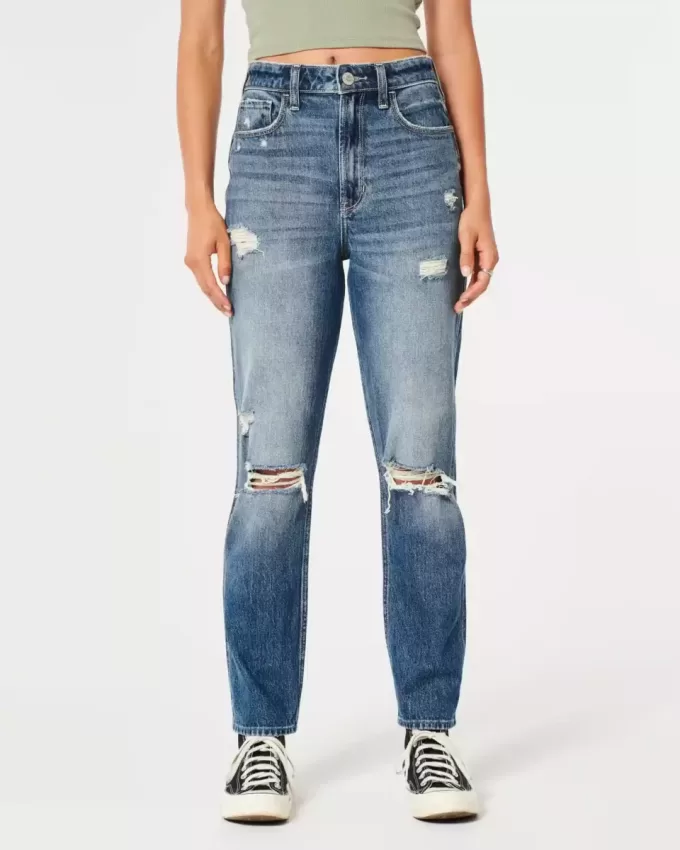 Zerrissene Mom-Jeans mit ultrahohem Bund und mittlerer Waschung