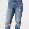 Zerrissene Mom-Jeans mit ultrahohem Bund und mittlerer Waschung