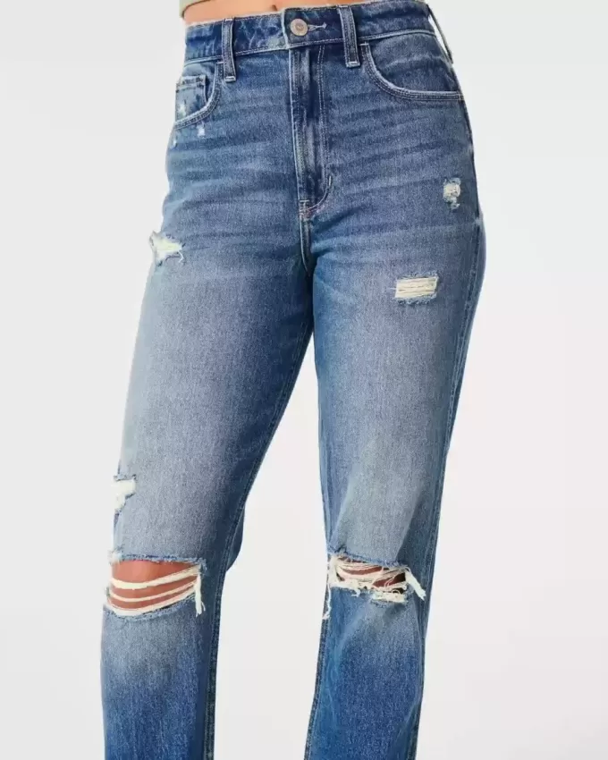 Zerrissene Mom-Jeans mit ultrahohem Bund und mittlerer Waschung