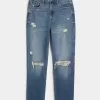 Zerrissene Mom-Jeans mit ultrahohem Bund und mittlerer Waschung