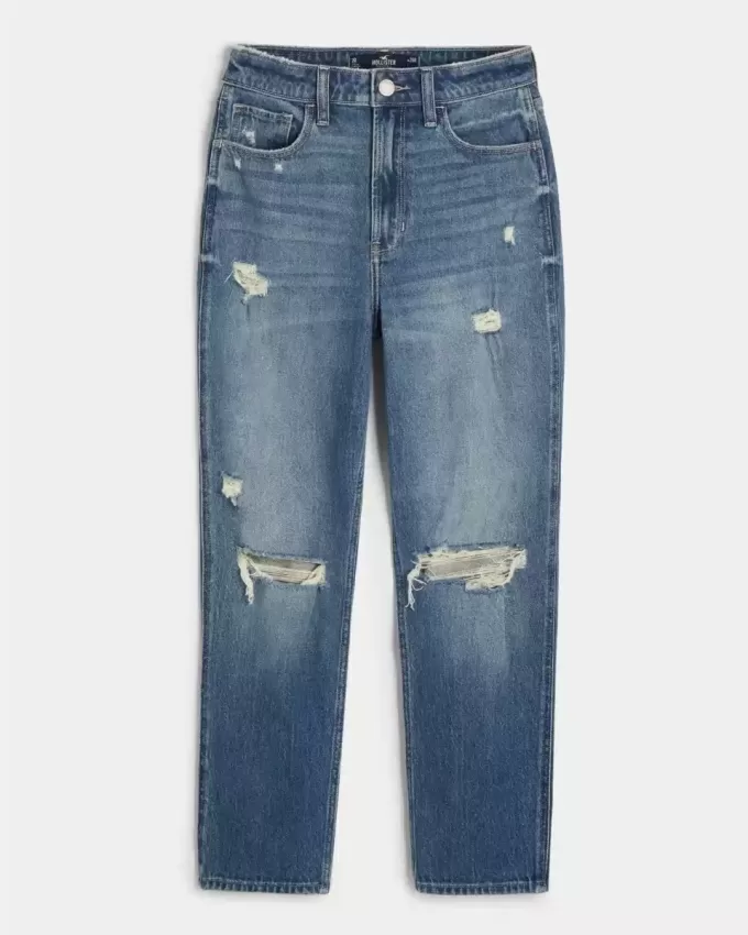 Zerrissene Mom-Jeans mit ultrahohem Bund und mittlerer Waschung