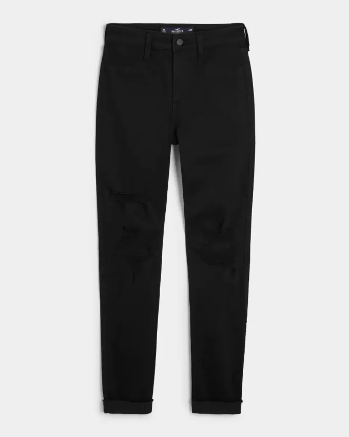 Zerrissene schwarze Jeans-Leggings mit hohem Bund