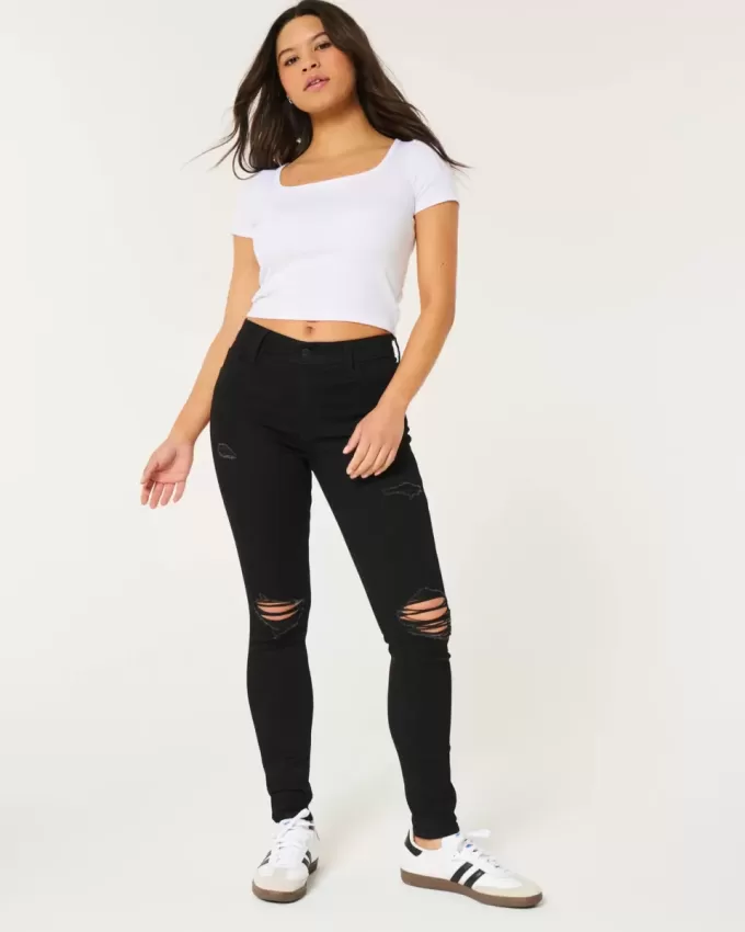 Zerrissene schwarze Super Skinny Jeans mit hohem Bund
