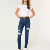 Zerrissene Super Skinny Jeans mit hoher Taille und dunkler Waschung