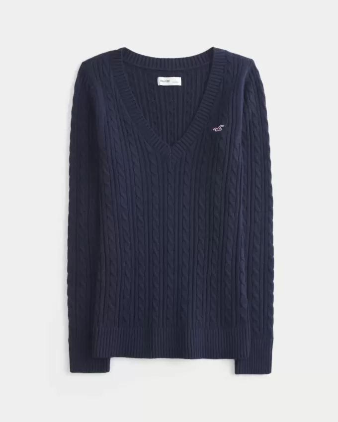 Zopfmuster-Pullover mit V-Ausschnitt und Symbol