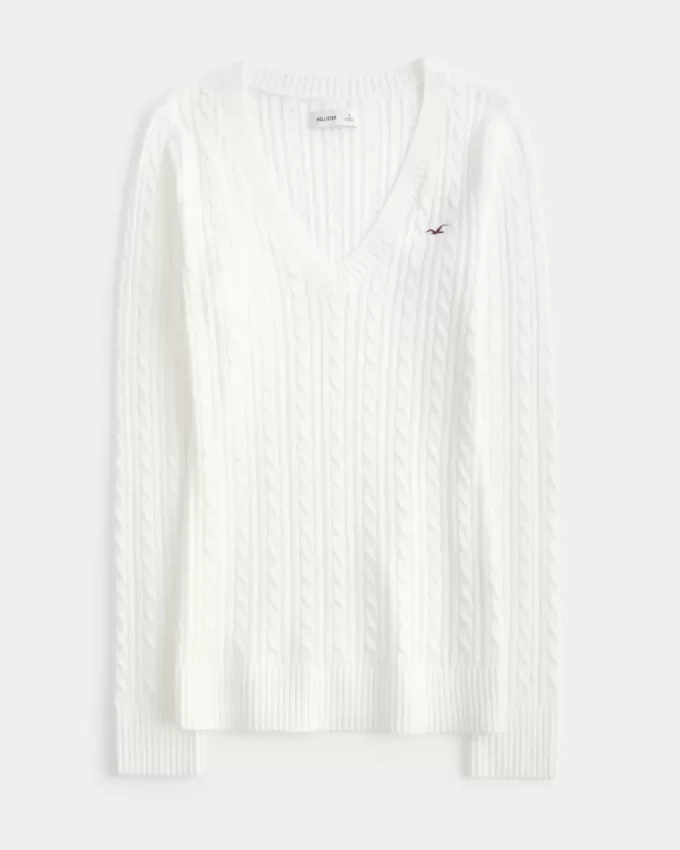 Zopfmuster-Pullover mit V-Ausschnitt und Symbol