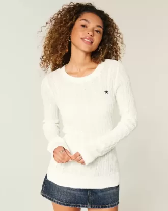 Zopfmuster-Strickpullover mit Sternenmuster und Rundhalsausschnitt