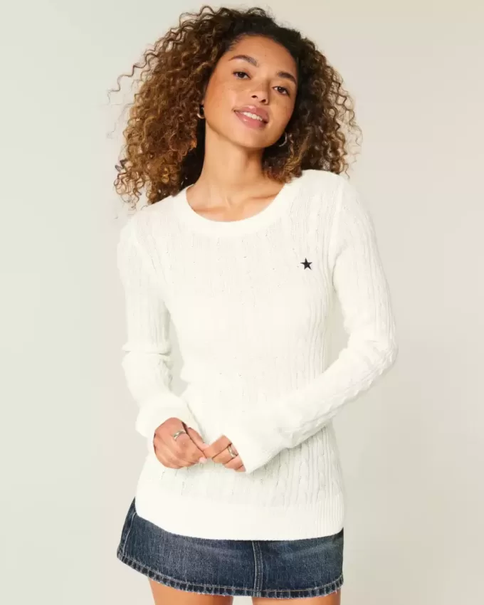 Zopfmuster-Strickpullover mit Sternenmuster und Rundhalsausschnitt