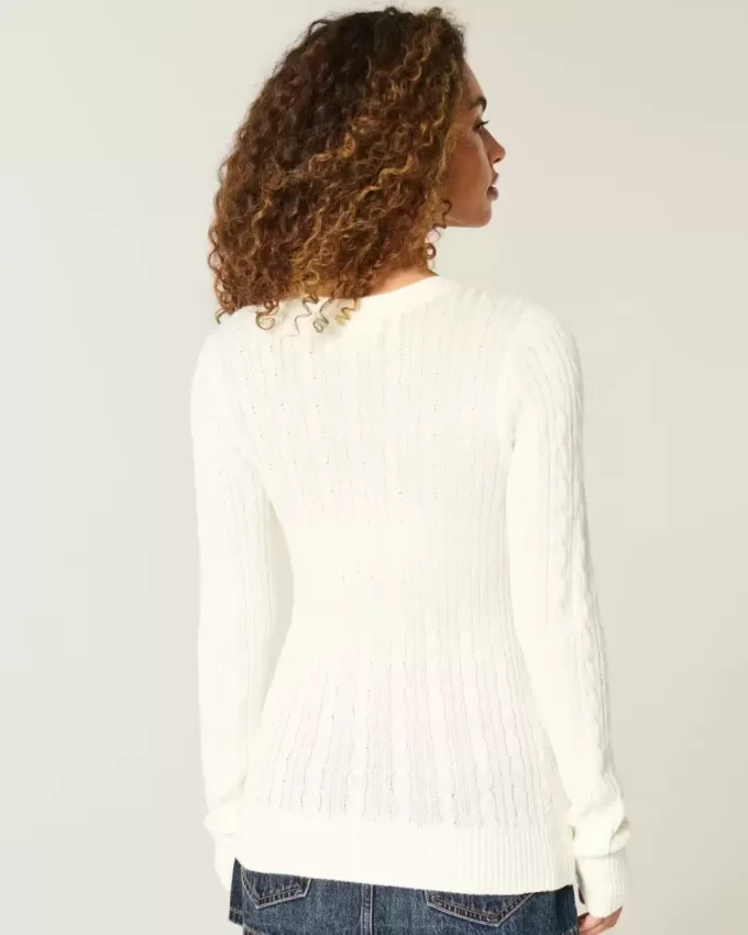 Zopfmuster-Strickpullover mit Sternenmuster und Rundhalsausschnitt