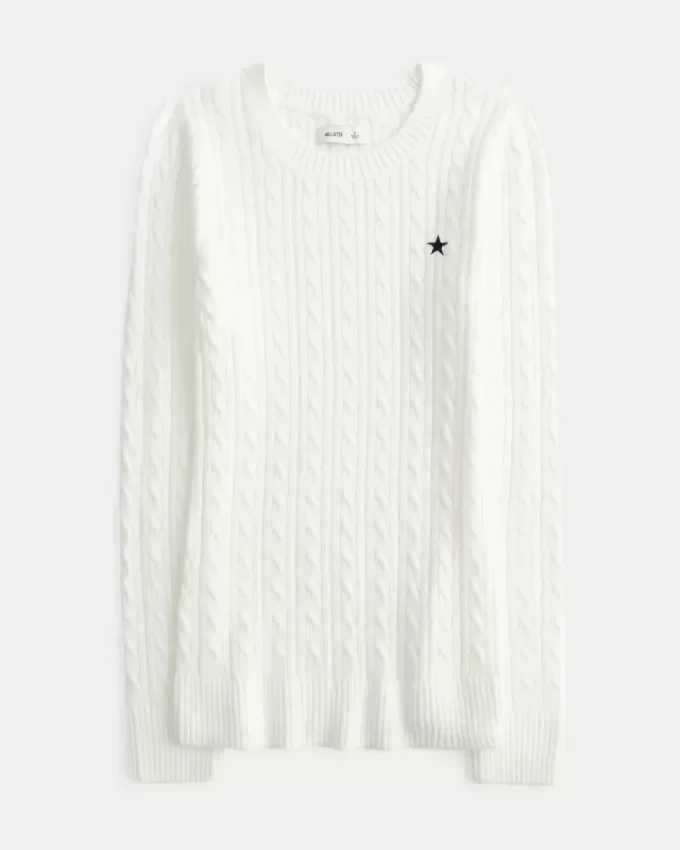 Zopfmuster-Strickpullover mit Sternenmuster und Rundhalsausschnitt