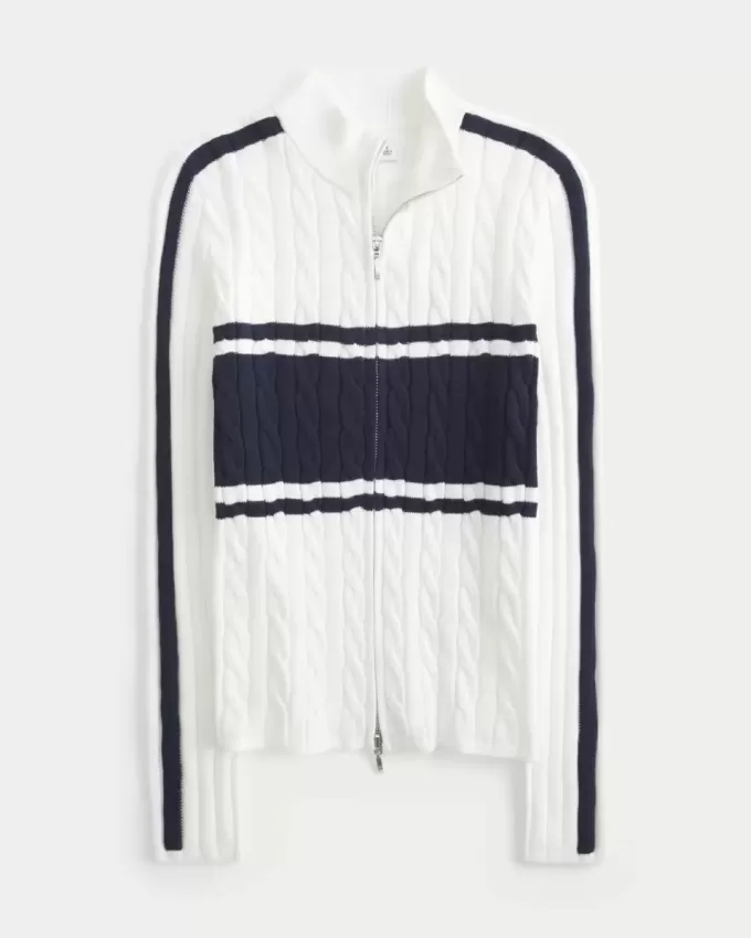 Zopfmusterpullover mit Stehkragen und Reißverschluss Zopfmusterpullover mit Stehkragen und Reißverschluss