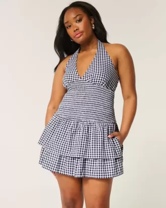 Zweilagiges, gesmoktes Neckholder-Skortkleid